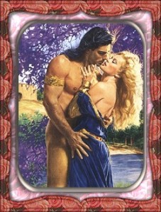 The cover of a romance novel, where a muscular man ravishes a blonde woman whose dress is falling off.