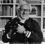 Author Ray Bradbury, photographed with a black cat.